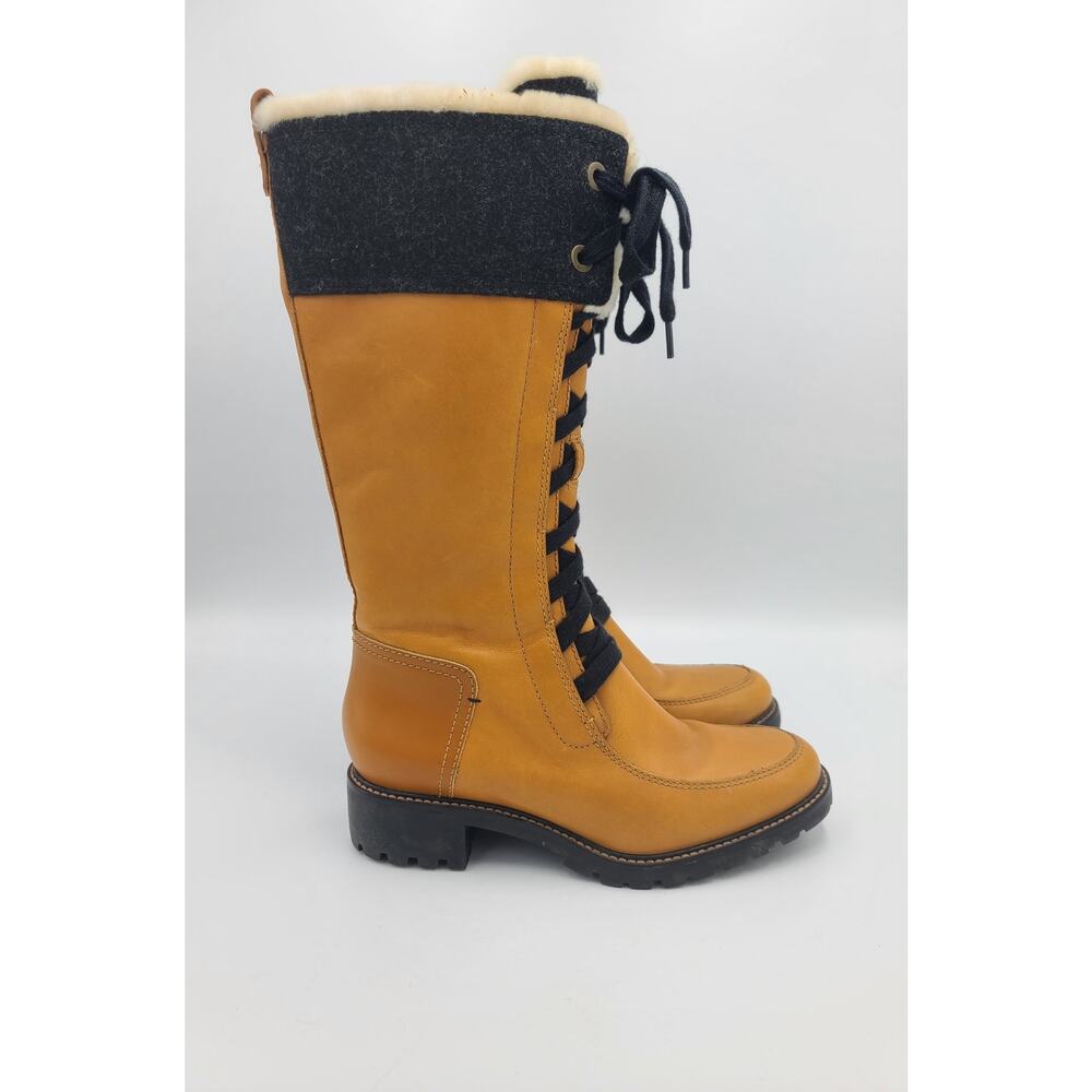 Cole Haan Henson Tall Leather Boots Camel Sherling Lace Up Lug Sole Size 6B - Picture 4 of 10